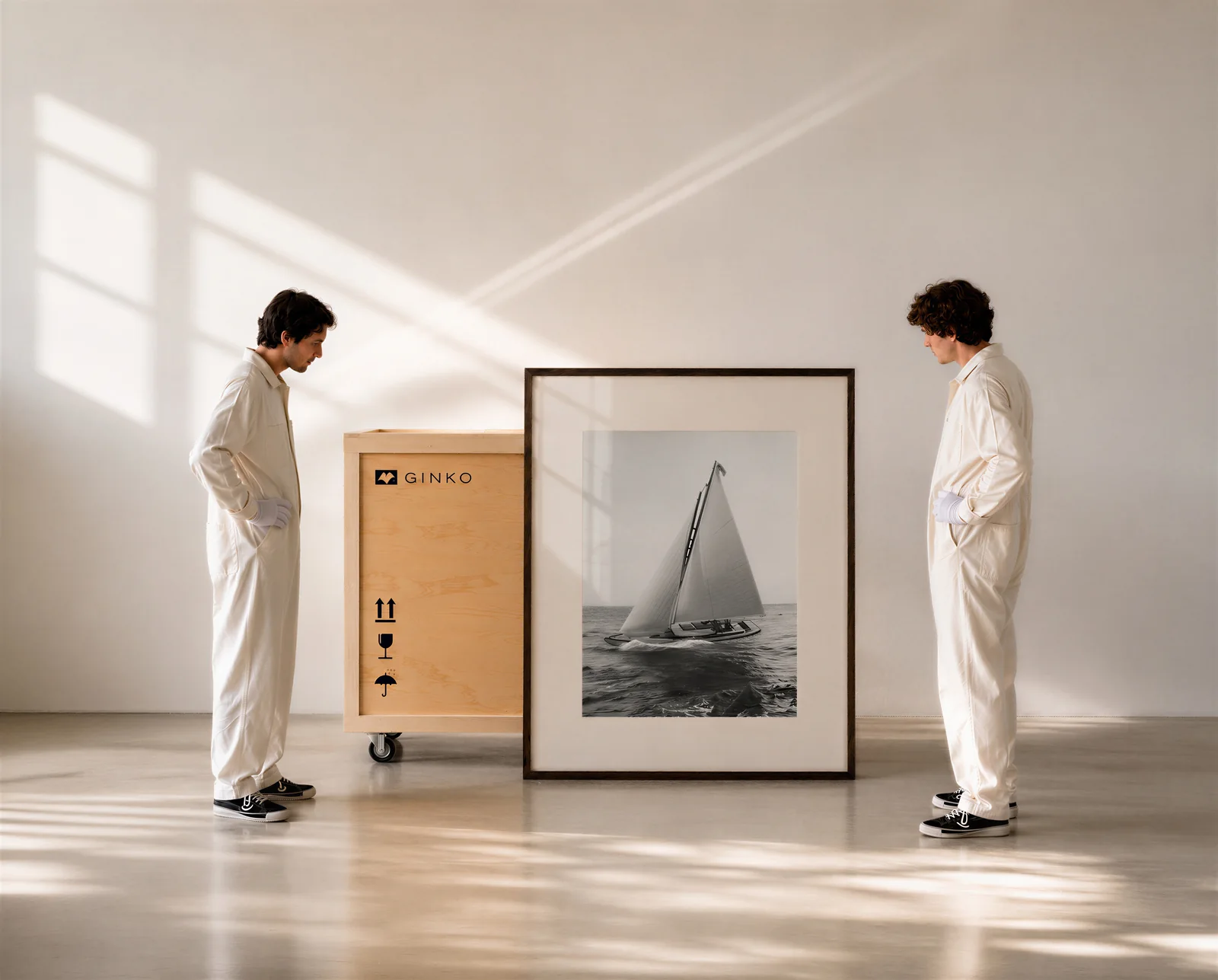 Two art handlers in white gloves beside a Ginko wooden crate and a large framed photograph.