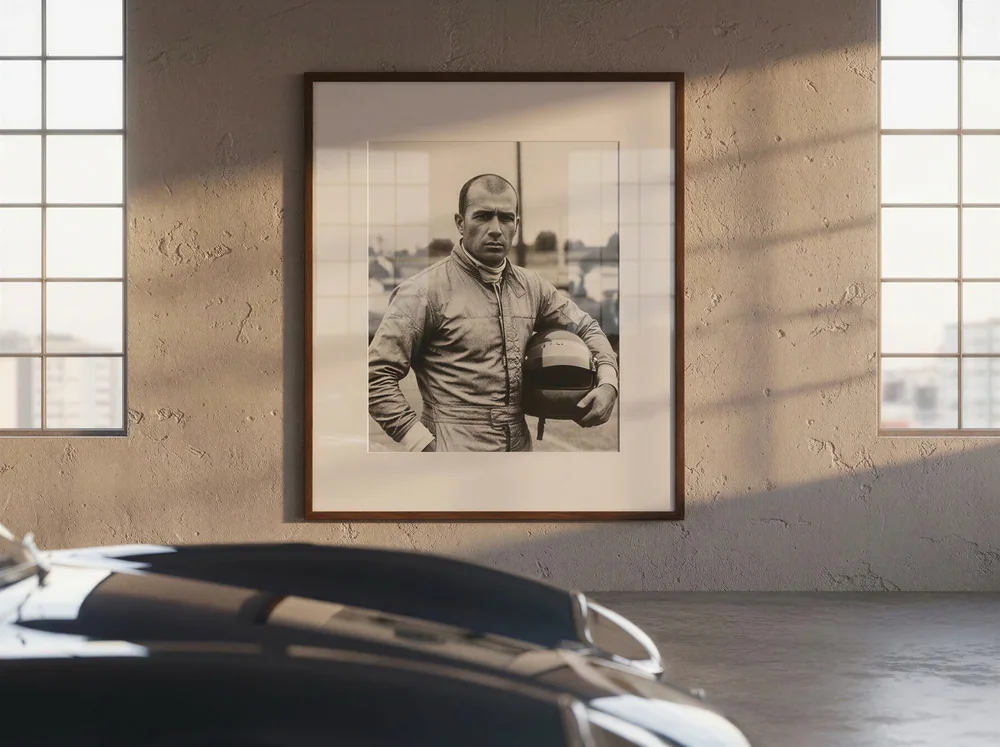 A framed portrait hung in a private showroom.