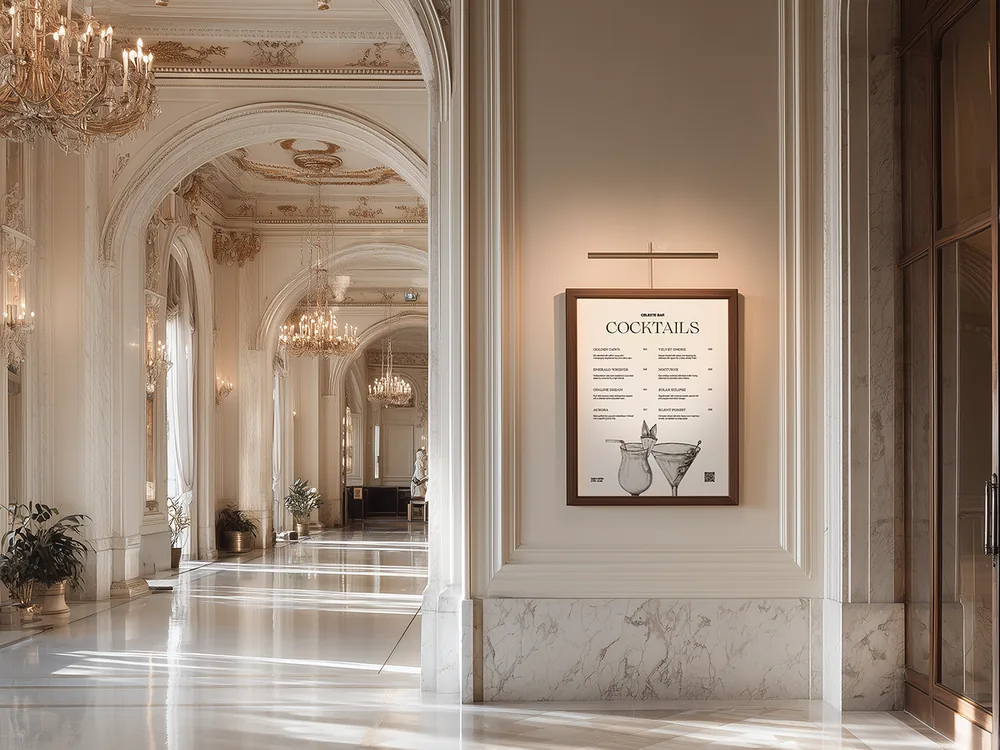 A cocktail menu shown in a Ginko frame in a palace hallway.