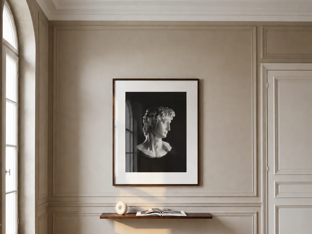 A Ginko display mounted in portrait orientation in a palace hallway.