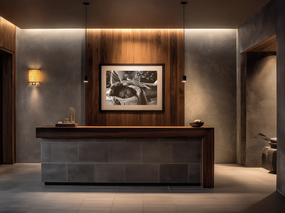 A Ginko display mounted in landscape orientation above a spa reception desk.