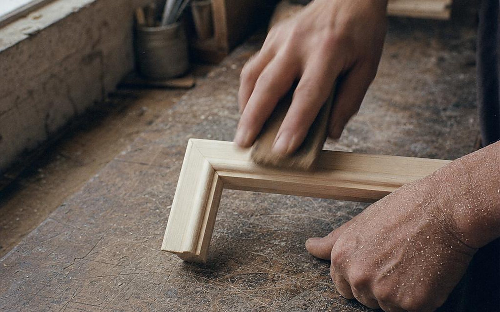 A Ginko frame moulding being sanded by hand on the workshop bench.